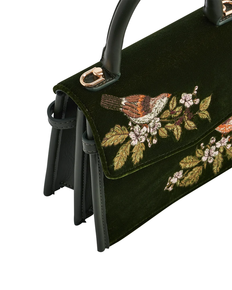 Eliza Wren Embroidered Top handle bag in Green Velvet