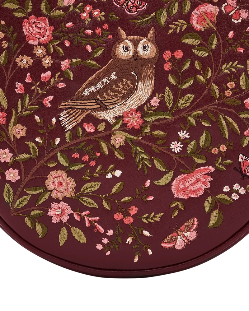 Chloe Owl Embroidered Circle Bag in Burgundy