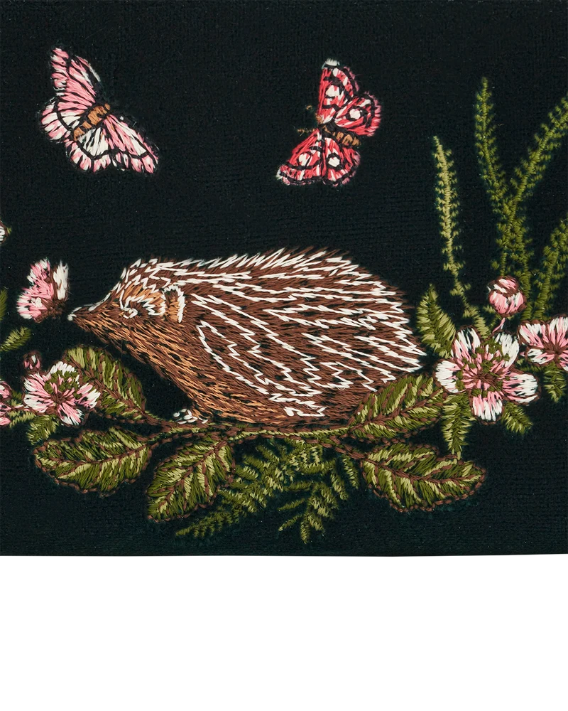 Hedgehog Embroidered Small Purse in Forest Green Velvet