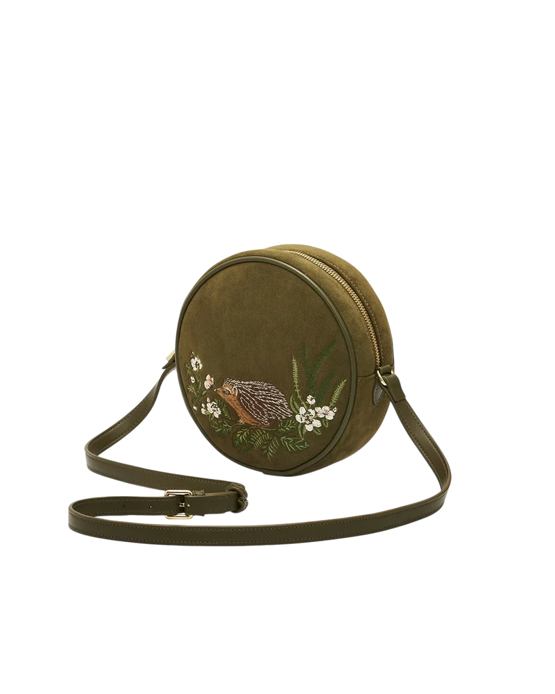 Chloe Hedgehog Embroidered Faux Suede Circle Bag in Khaki