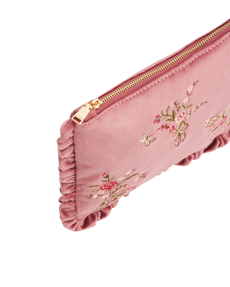 Floral Posy embroidered Medium pouch in Rose Pink Velvet