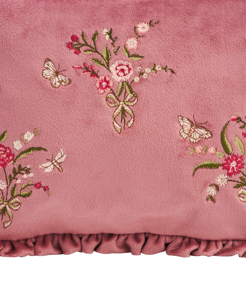 Floral Posy embroidered Medium pouch in Rose Pink Velvet