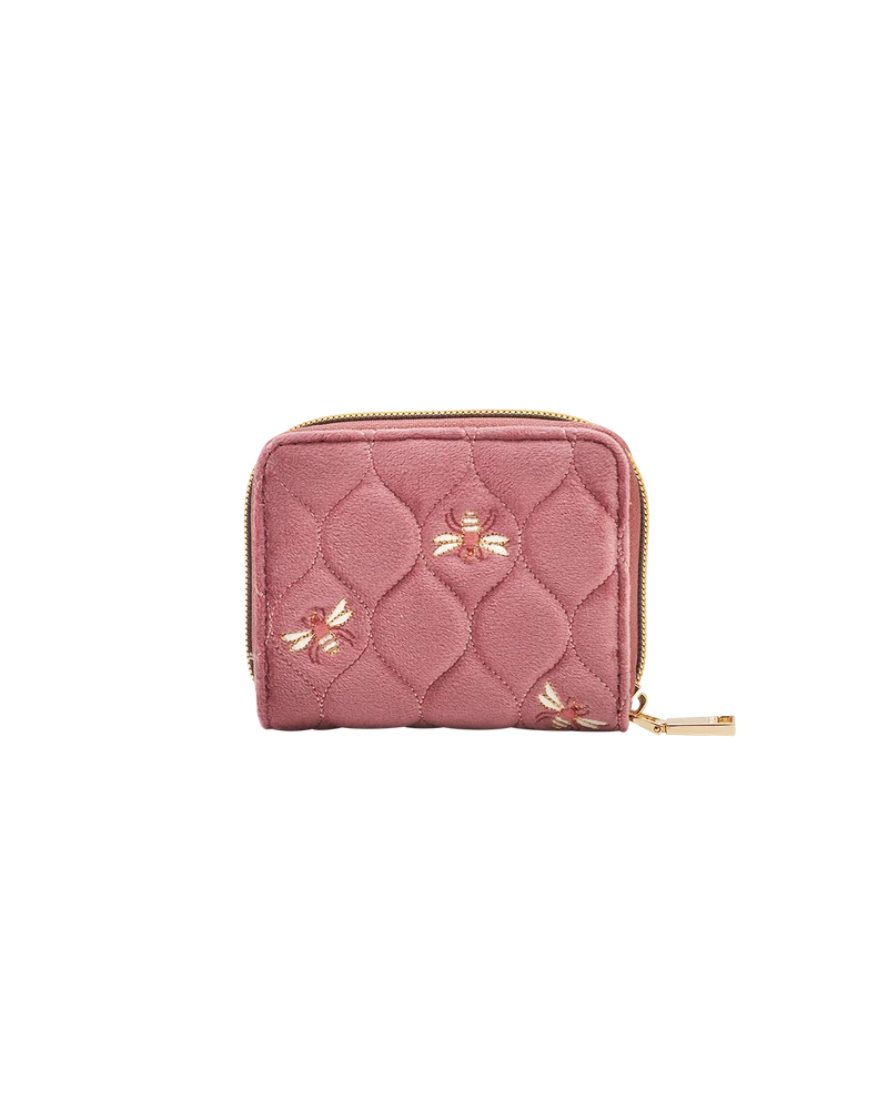 Quilted Bee Embroidered Small Purse in Rose Pink Velvet