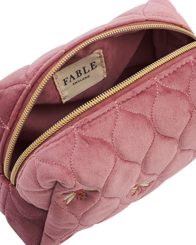 Quilted Bee Embroidered Pouch in Rose Pink Velvet