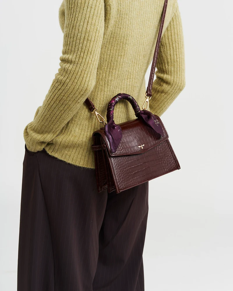 Eliza Small Top Handle Bag in Burgundy Croc