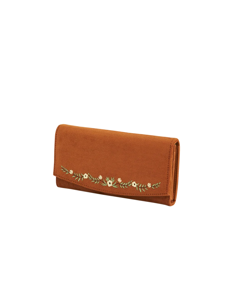 Tan Floral Embroidered Purse Large