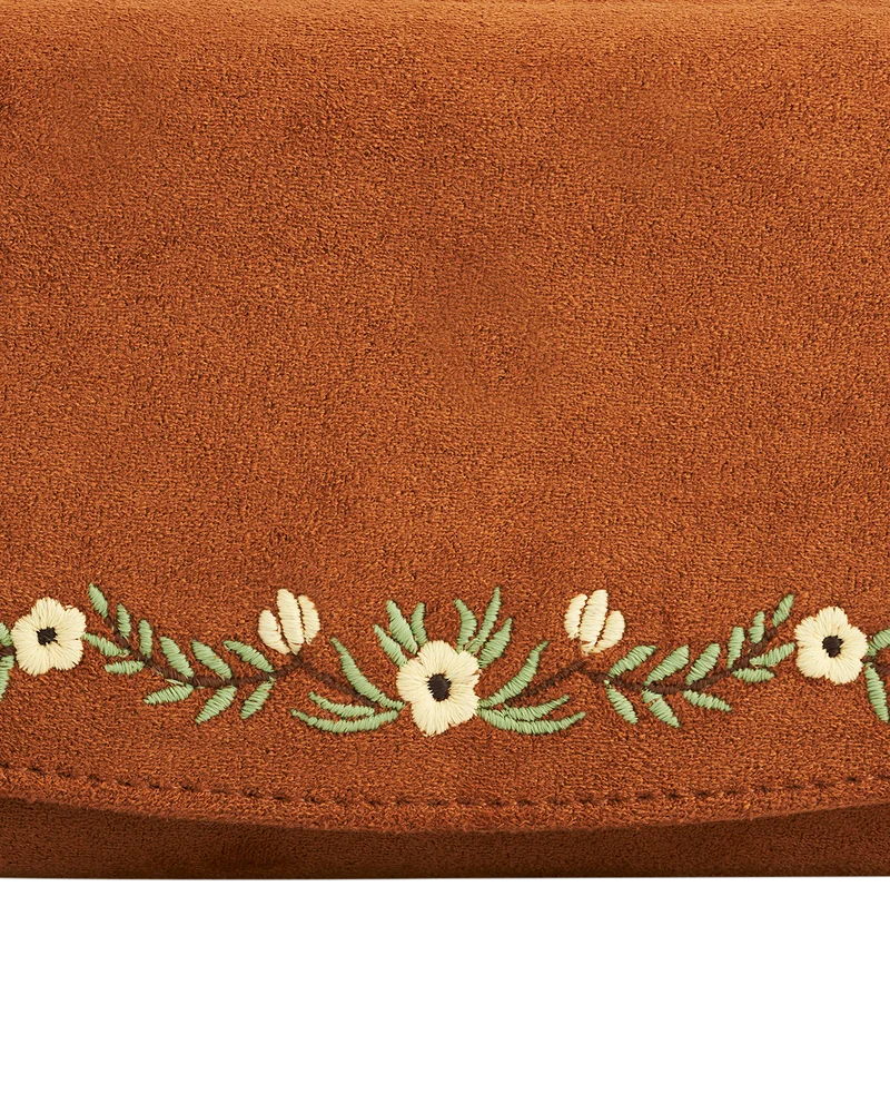 Tan Floral Embroidered Purse Large