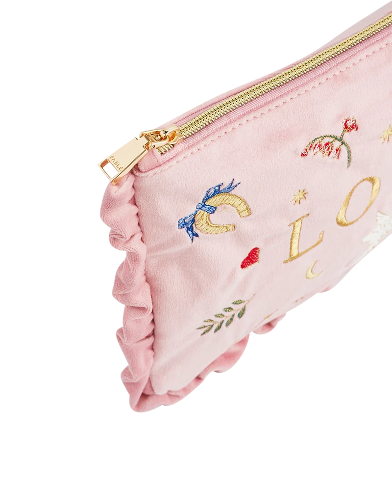 Pink Love Velvet Embroidered Pouch