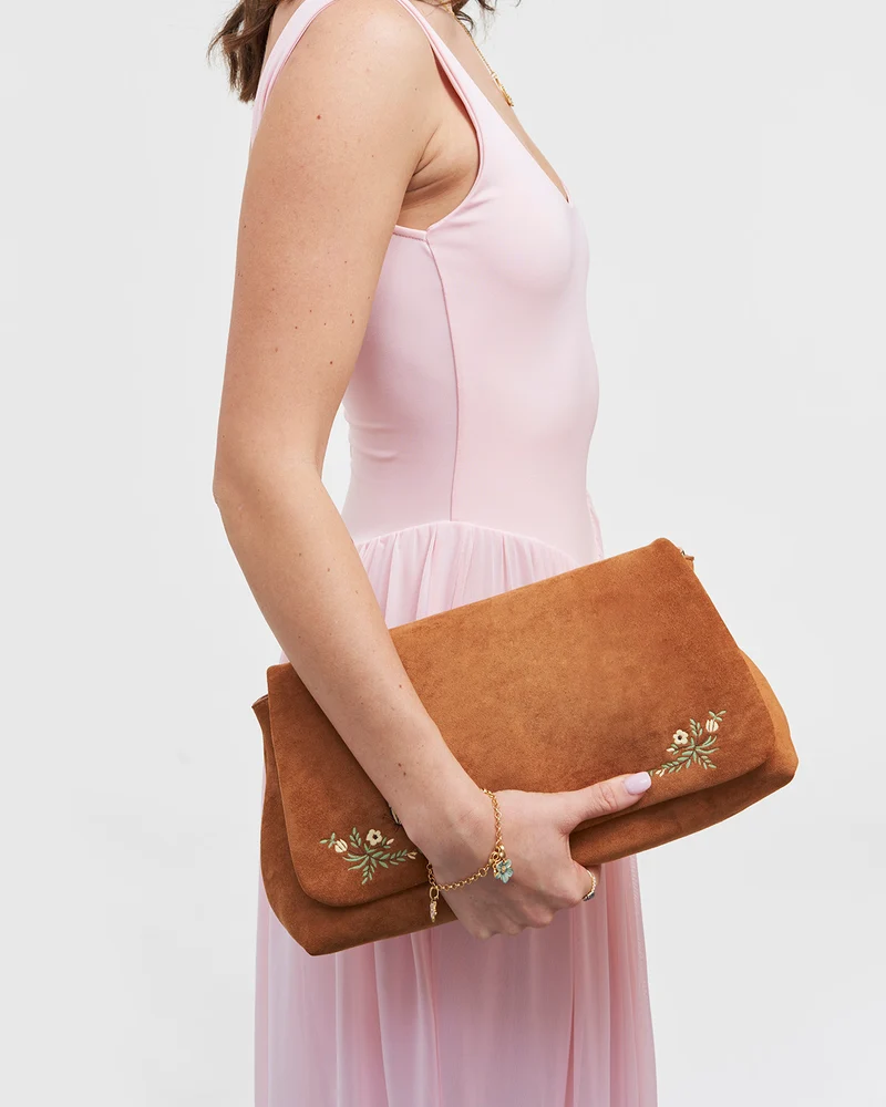 Tan Floral Embroidered Shoulder Bag