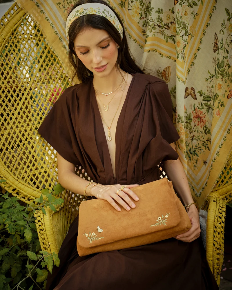 Tan Floral Embroidered Shoulder Bag