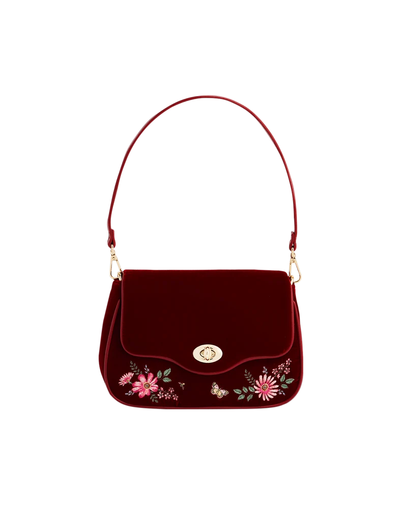 Mary Floral Embroidered Red Velvet Clutch