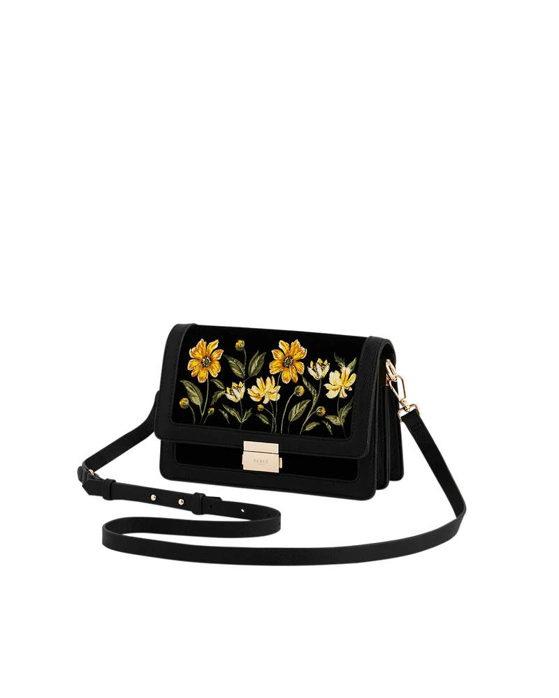 Black Botanical Velvet Embroidered Foldover Bag