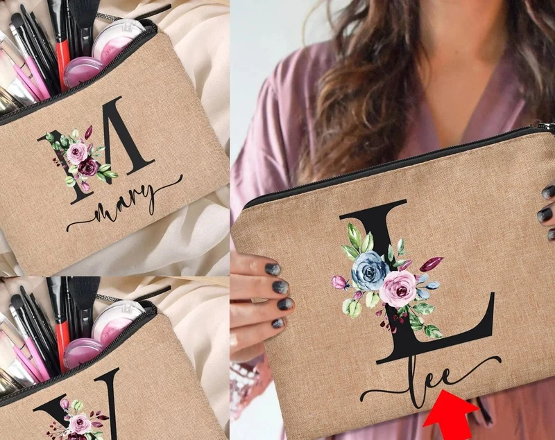 Trousse Maquillage Personnalisée | Initiale Motif Fleuri