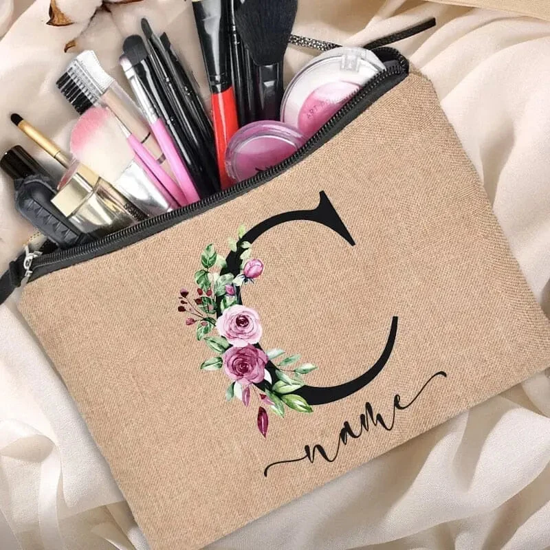 Trousse Maquillage Personnalisée | Initiale Motif Fleuri