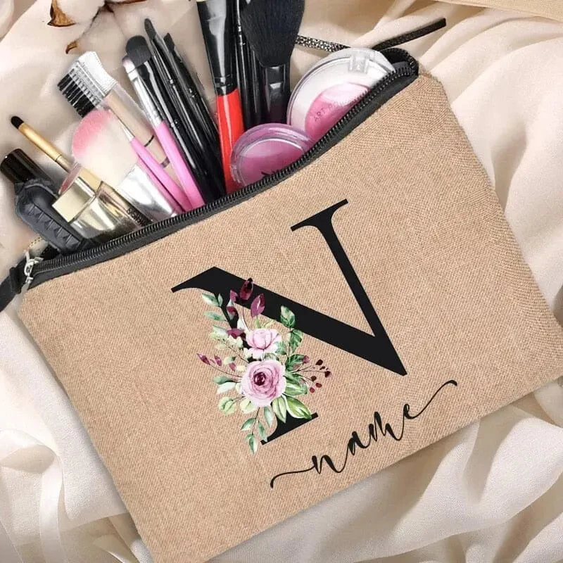 Trousse Maquillage Personnalisée | Initiale Motif Fleuri
