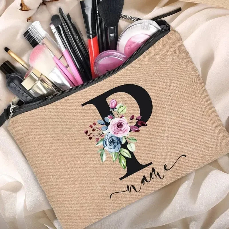 Trousse Maquillage Personnalisée | Initiale Motif Fleuri