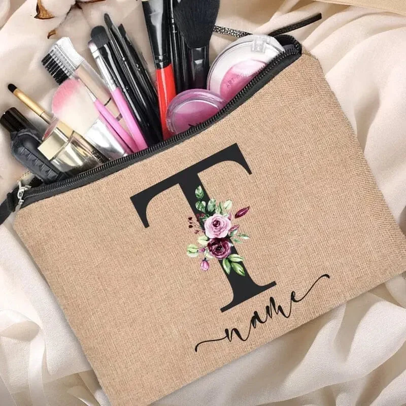 Trousse Maquillage Personnalisée | Initiale Motif Fleuri