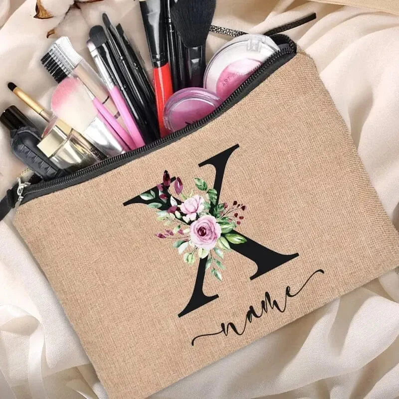 Trousse Maquillage Personnalisée | Initiale Motif Fleuri