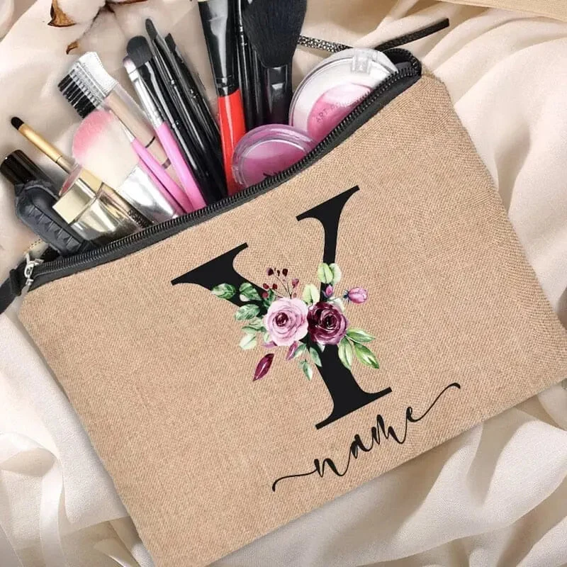 Trousse Maquillage Personnalisée | Initiale Motif Fleuri