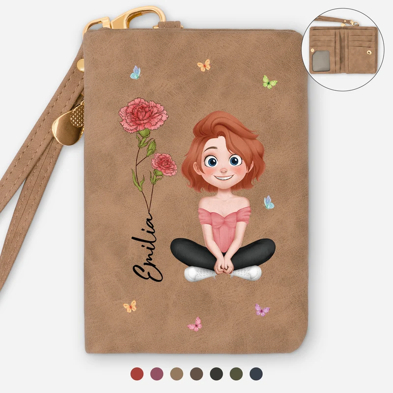 Cadeau Femme Avec Dessin Fleur De Naissance - Portefeuille Personnalisé Cuir Avec Dragonne