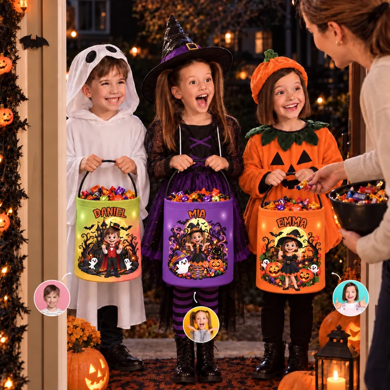 Idée Cadeau Halloween Pour Enfant - Sac Seau Lumineux LED Personnalisé Avec Photo Générée Par IA