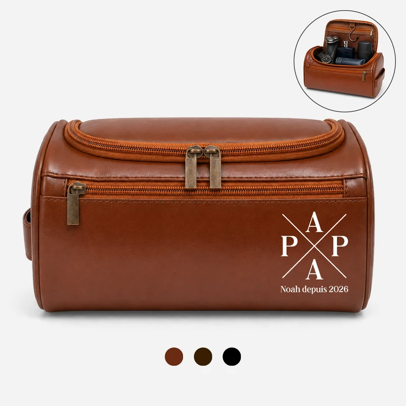 Cadeau Papa Et Papy Avec Amour - Trousse De Toilette En Cuir Personnalisée