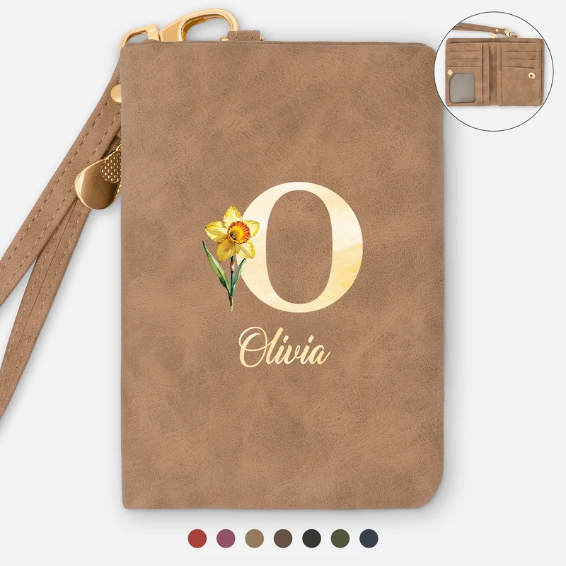 Cadeau Fleur De Naissance Avec Initiale - Portefeuille Femme Cuir Personnalisé Trois Volets