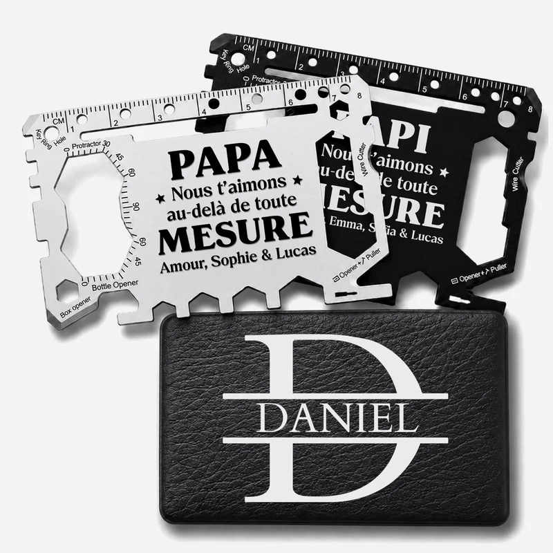 On T'aime Papa Papy - Carte De Survie Multifonction Personnalisée Avec Étui En Cuir