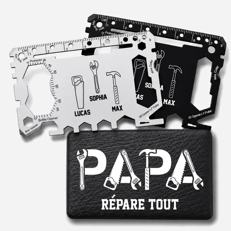 Cadeau Papa Papy Répare Tout - Carte De Survie Multifonction Personnalisée Avec Étui En Cuir