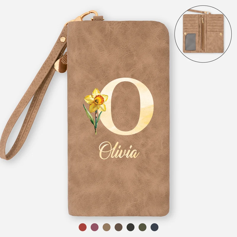 Cadeau Fleur De Naissance Avec Initiale - Portefeuille Femme Cuir Personnalisé Avec Dragonne