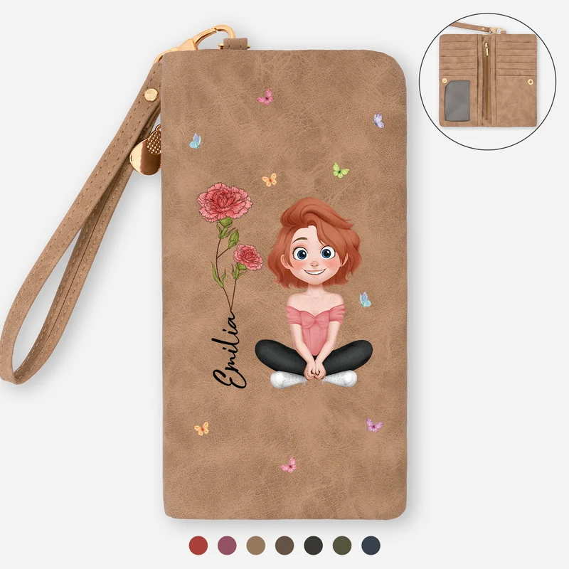 Cadeau Avec Fleur De Naissance - Portefeuille En Cuir Personnalisé Avec Dragonne Pour Femme