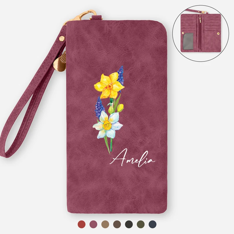 Cadeau Original Pour Femme Avec Fleur De Naissance - Portefeuille Cuir Personnalisé Avec Dragonne