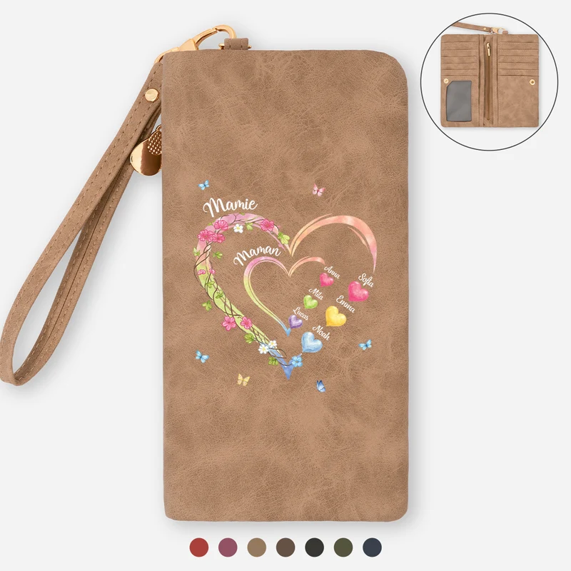 Cadeau Maman Mamie Cœur Et Fleur - Portefeuille Femme Cuir Personnalisé Avec Dragonne