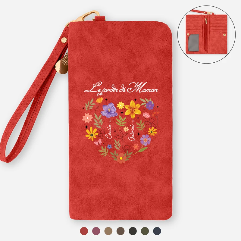 Le Jardin De Maman Mamie Forme De Cœur - Portefeuille Cuir Personnalisable Avec Dragonne