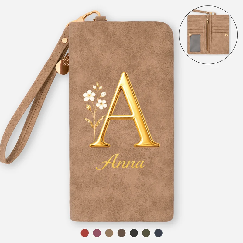 Cadeau Pour Femme Avec Fleur De Naissance - Portefeuille Cuir Personnalisé Avec Dragonne