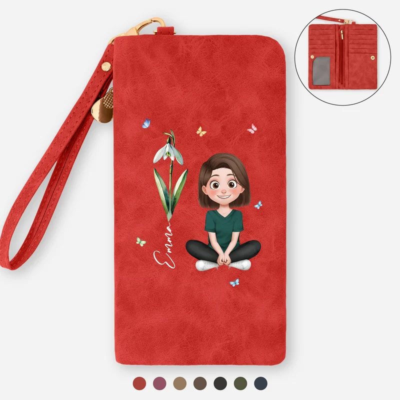 Cadeau Pour Femme Avec Fleur De Naissance - Portefeuille Cuir Personnalisé Avec Dragonne