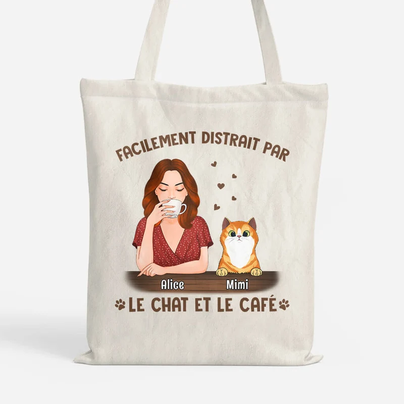 Facilement Distrait Par Les Chats Et Le Café - Cadeau Personnalisé | Tote Bag pour Amoureux des animaux