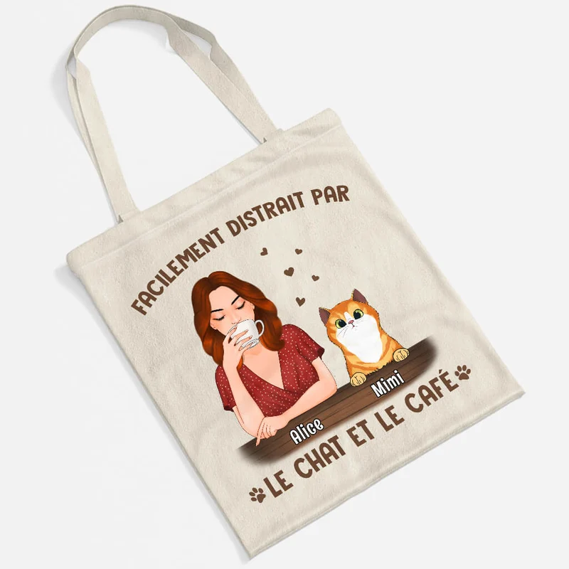 Facilement Distrait Par Les Chats Et Le Café - Cadeau Personnalisé | Tote Bag pour Amoureux des animaux