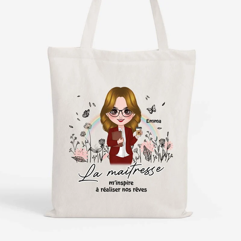 La Maîtresse Nous Inspire À Réaliser Nos Rêves - Cadeau Personnalisé | Tote Bag Pour Maitresse