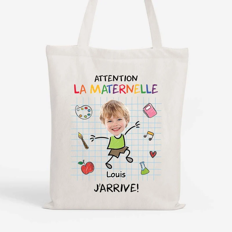 Tote Bag Enfant Attention, J'Arrive Personnalisé Avec Visage