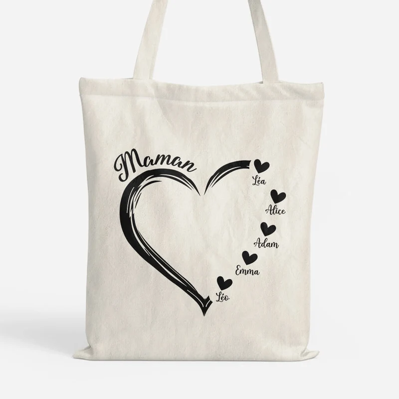 Maman Avec Coeurs Noirs - Cadeau Personnalisé | Tote Bag Pour Maman