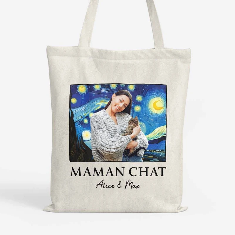 Maman / Papa Chat Version Van Gogh - Cadeau Personnalisé | Tote Bag Pour Amoureux Des Animaux