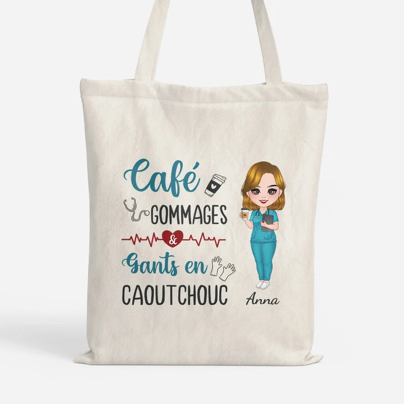 Café, Gommages Et Gants En Caoutchouc - Cadeau Personnalisé | Tote Bag pour Infirmière/Infirmier