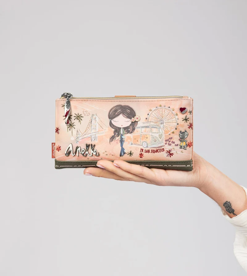 Portefeuille RFID grand format camel Peace & Love