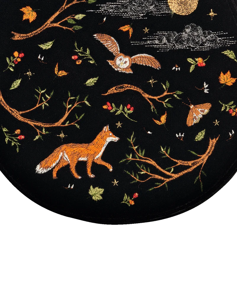 Black Fox & Owl Embroidered Top Handle Saddle Bag