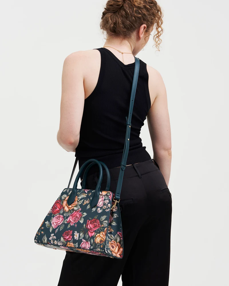 Teal Roses Structured Tote Medium