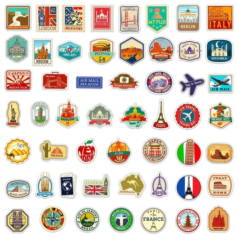 Autocollants Voyage Valise | 50 Stickers Pvc Colorés