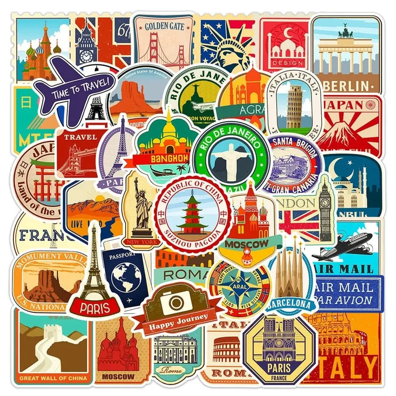Autocollants Voyage Valise | 50 Stickers Pvc Colorés