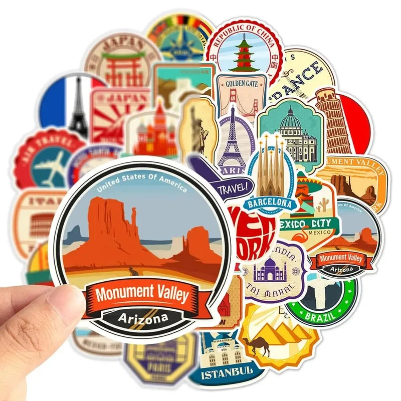 Autocollants Voyage Valise | 50 Stickers Pvc Colorés