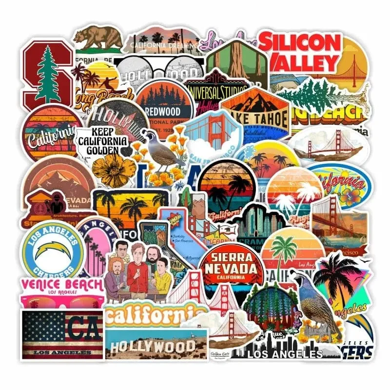 Autocollants Voyage Californie | Lot 50 Pvc 4-7 Cm